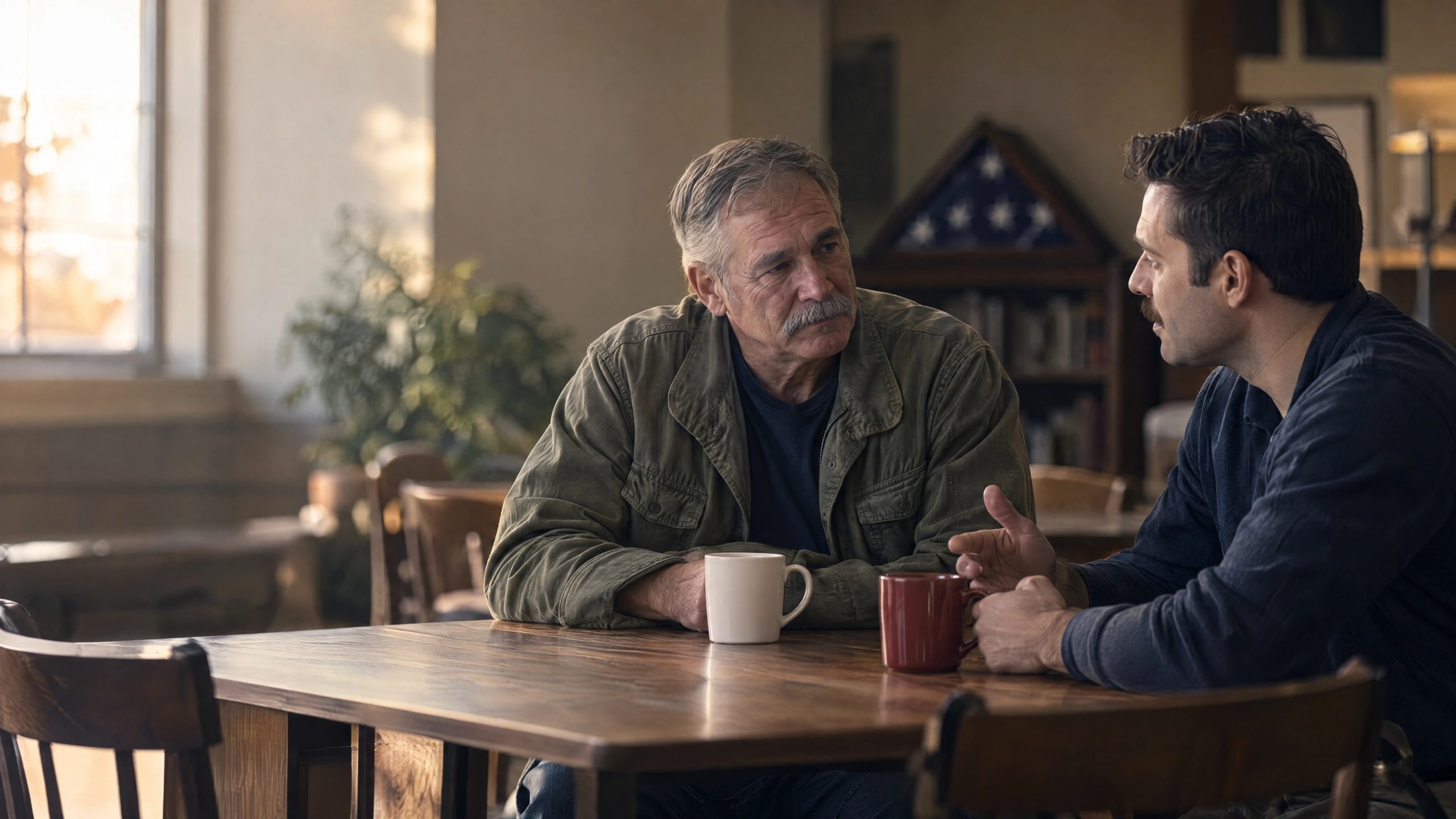 An older veteran with a gray mustache listens as a younger man talks with him over coffee at a community center table